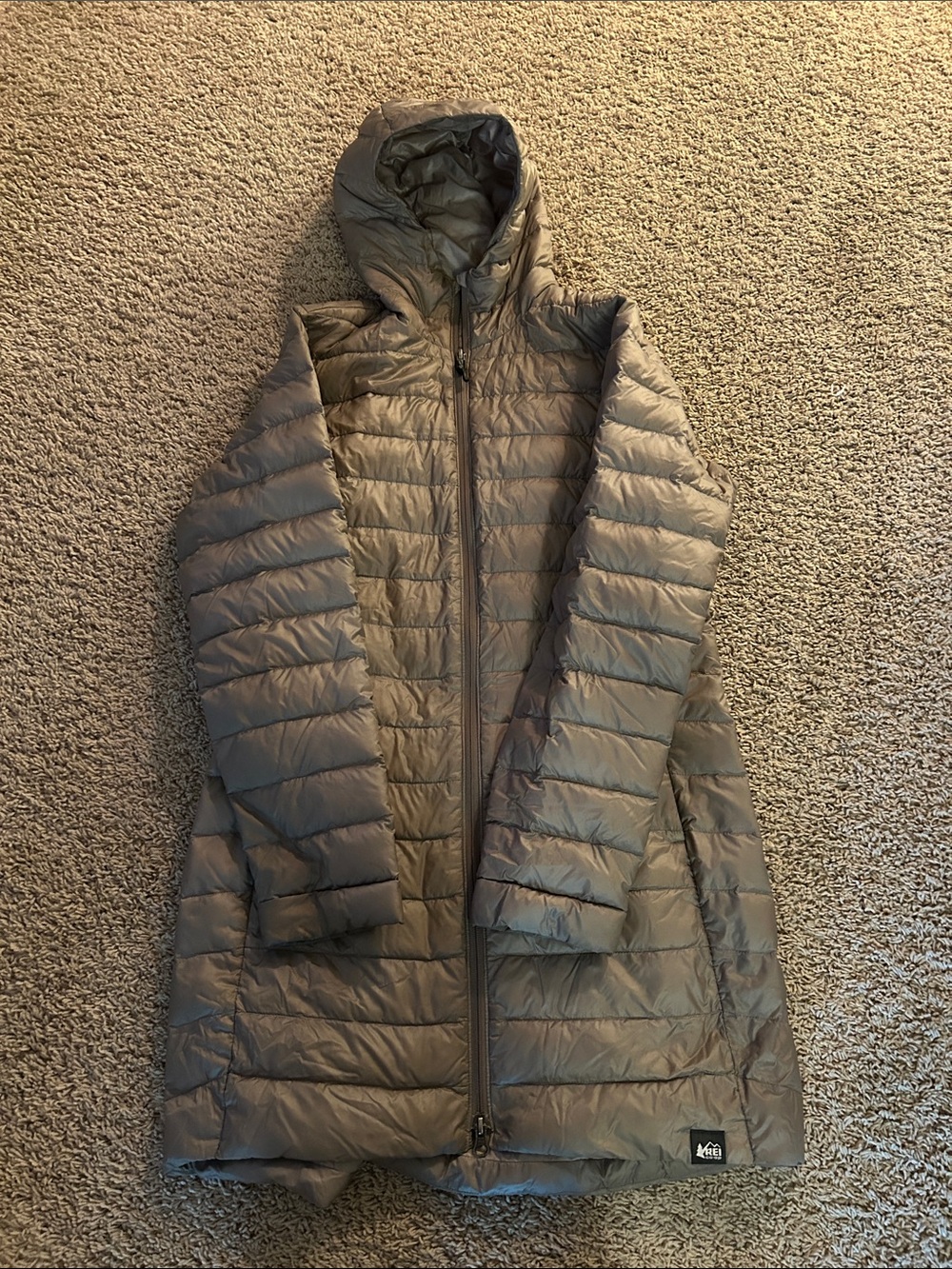 REI Women's Long Packable Down Puffer Coat in Taupe